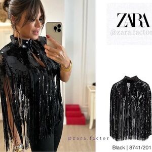 ZARA FRINGED BLACK SEQUIN CAPE bloggers favorite